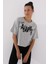 Gri Melanj Asimetrik Yazı Baskılı O Yaka Kadın Oversize T-Shirt - 97136 5