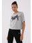 Gri Melanj Asimetrik Yazı Baskılı O Yaka Kadın Oversize T-Shirt - 97136 6