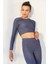 Petrol Kendinden Desenli O Yaka Uzun Kol Kadın Crop Top T-Shirt - 97153 1