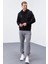 Siyah Nakışlı Kanguru Cep Standart Kalıp Kapüşonlu Erkek Sweatshirt - 87839 6