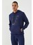 İndigo Kamuflaj Desen Baskılı Standart Kalıp Kapüşonlu Erkek Sweatshirt - 87884 1