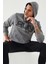 Gri Melanj Yazı Nakışlı Standart Kalıp Kapüşonlu Erkek Sweatshirt - 87887 6