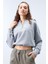 Gri Melanj Kapüşonlu Yarım Fermuar Selanik Kadın Oversize Triko Crop Top Sweathirt - 97193 5