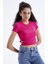 Fuşya Basic Yanı Pencereli O Yaka Kadın Crop Top T-Shirt - 97207 6