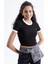 Siyah Basic Kol Detaylı O Yaka Kadın Crop Top T-Shirt - 97200 1