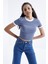 Petrol Basic Kol Detaylı O Yaka Kadın Crop Top T-Shirt - 97200 3