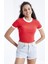 Nar Çiçeği Basic Kol Detaylı O Yaka Kadın Crop Top T-Shirt - 97200 3