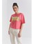 Rose Renkli Yazı Baskılı O Yaka Kadın Oversize T-Shirt - 97212 7