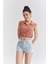 Tarçın Polo Yaka Beli Lastikli Bürümcük Kumaş Kadın Crop Top T-Shirt - 97223 1