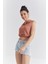 Tarçın Polo Yaka Beli Lastikli Bürümcük Kumaş Kadın Crop Top T-Shirt - 97223 7