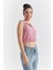Gül Kurusu Polo Yaka Beli Lastikli Bürümcük Kumaş Kadın Crop Top T-Shirt - 97223 5