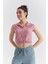 Gül Kurusu Polo Yaka Beli Lastikli Bürümcük Kumaş Kadın Crop Top T-Shirt - 97223 6