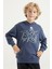 Petrol Yazı Baskılı Kanguru Cepli Kapüşonlu Standart Kalıp Erkek Çocuk Sweatshirt - 11002 1