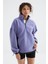 Açık Eflatun Yarım Fermuar Etek Ucu Büzgülü Dik Yaka Oversize Kadın Polar Sweatshirt - 97236 4