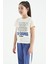 Tommy Life Ekru O Yaka Yazı Baskılı Rahat Form Kısa Kollu Cropped Kız Çocuk T-Shirt - 75118 4