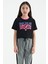 Siyah Renkli Yazı Baskılı O Yaka Oversize Kısa Kollu Kız Çocuk T-Shirt - 75111 1