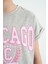 Gri Melanj O Yaka Düşük Omuzlu Rahat Form Kısa Kollu Kız Çocuk T-Shirt - 75128 5