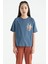 Petrol Ön Arka Baskılı O Yaka Oversize Kısa Kollu Kız Çocuk T-Shirt - 75127 1