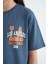 Petrol Ön Arka Baskılı O Yaka Oversize Kısa Kollu Kız Çocuk T-Shirt - 75127 3