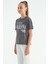 Koyu Gri O Yaka Yazı Baskılı Düşük Omuz Oversize Kız Çocuk T-Shirt - 75115 2
