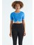 Saks Bel Bağlama Detaylı O Yaka Standart Kalıp Dalgıç Kumaş Kadın Crop T-Shirt - 97266 1