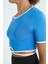 Saks Bel Bağlama Detaylı O Yaka Standart Kalıp Dalgıç Kumaş Kadın Crop T-Shirt - 97266 8