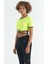 Neon Sarı Bel Bağlama Detaylı O Yaka Standart Kalıp Dalgıç Kumaş Kadın Crop T-Shirt - 97266 3