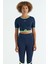 İndigo Bel Bağlama Detaylı O Yaka Standart Kalıp Dalgıç Kumaş Kadın Crop T-Shirt - 97266 1