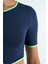 İndigo Bel Bağlama Detaylı O Yaka Standart Kalıp Dalgıç Kumaş Kadın Crop T-Shirt - 97266 7