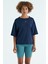 İndigo O Yaka Baskı Detaylı Oversize Kısa Kol Kadın T-Shirt - 97263 1