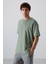 Açık Yeşil Pamuklu Kalın Yüzeyi Dokulu Oversize Fit Basic Erkek T-Shirt - 88339 2