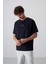 Lacivert Pamuklu Kalın Yumuşak Dokulu Oversize Fit Baskılı Erkek T-Shirt - 88342 1