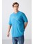Petrol Mavi Pamuklu Kalın Yumuşak Dokulu Oversize Fit Baskılı Erkek T-Shirt - 88326 1
