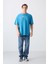 Petrol Mavi Pamuklu Kalın Yumuşak Dokulu Oversize Fit Baskılı Erkek T-Shirt - 88326 2