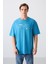 Petrol Mavi Pamuklu Kalın Yumuşak Dokulu Oversize Fit Baskılı Erkek T-Shirt - 88326 4