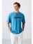 Petrol Mavi Pamuklu Kalın Yumuşak Dokulu Oversize Fit Baskılı Erkek T-Shirt - 88334 4