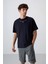 Lacivert Pamuklu Kalın Yumuşak Dokulu Oversize Fit Baskılı Erkek T-Shirt - 88343 1