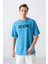 Petrol Mavi Pamuklu Kalın Yumuşak Dokulu Oversize Fit Baskılı Erkek T-Shirt - 88331 1