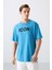 Petrol Mavi Pamuklu Kalın Yumuşak Dokulu Oversize Fit Baskılı Erkek T-Shirt - 88331 4