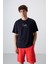 Lacivert Pamuklu Kalın Yumuşak Dokulu Oversize Fit Baskılı Erkek T-Shirt - 88350 1