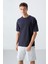 Lacivert Pamuklu Kalın Yüzeyi Dokulu Oversize Fit Basic Erkek T-Shirt - 88340 1