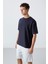 Lacivert Pamuklu Kalın Yüzeyi Dokulu Oversize Fit Basic Erkek T-Shirt - 88340 4