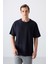 Lacivert Pamuklu Kalın Yüzeyi Dokulu Oversize Fit Basic Erkek T-Shirt - 88337 1