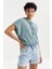 Mint Yeşili Kapüşonlu Yazı Baskılı Beli Lastikli Bürümcük Kumaş Kadın Crop Top T-Shirt - 97230 5