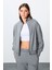Gri Melanj Kompakt Pamuklu Kalın Pürüzsüz Dokulu Dik Yaka Oversize Fit Kadın Eşofman Takım - 95340 2