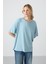Açık Mavi Penye Modal Yumuşak Tuşeli Oversize Fit Basic Kadın T-Shirt- 97285 4