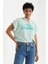Su Yeşili Yazı Baskılı Kapüşonlu Oversize Bürümcük Kumaş Kadın Crop Top T-Shirt - 97229 1