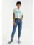 Su Yeşili Yazı Baskılı Kapüşonlu Oversize Bürümcük Kumaş Kadın Crop Top T-Shirt - 97229 2