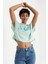 Su Yeşili Yazı Baskılı Kapüşonlu Oversize Bürümcük Kumaş Kadın Crop Top T-Shirt - 97229 3