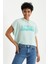 Su Yeşili Yazı Baskılı Kapüşonlu Oversize Bürümcük Kumaş Kadın Crop Top T-Shirt - 97229 5